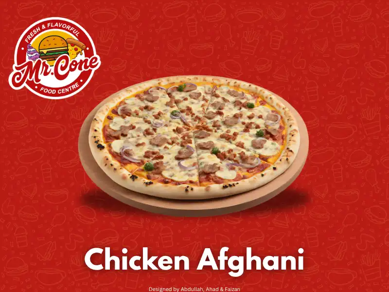 Chicken Afghani special pizza pan, regular, large and extra-large sizes at Mr Cone