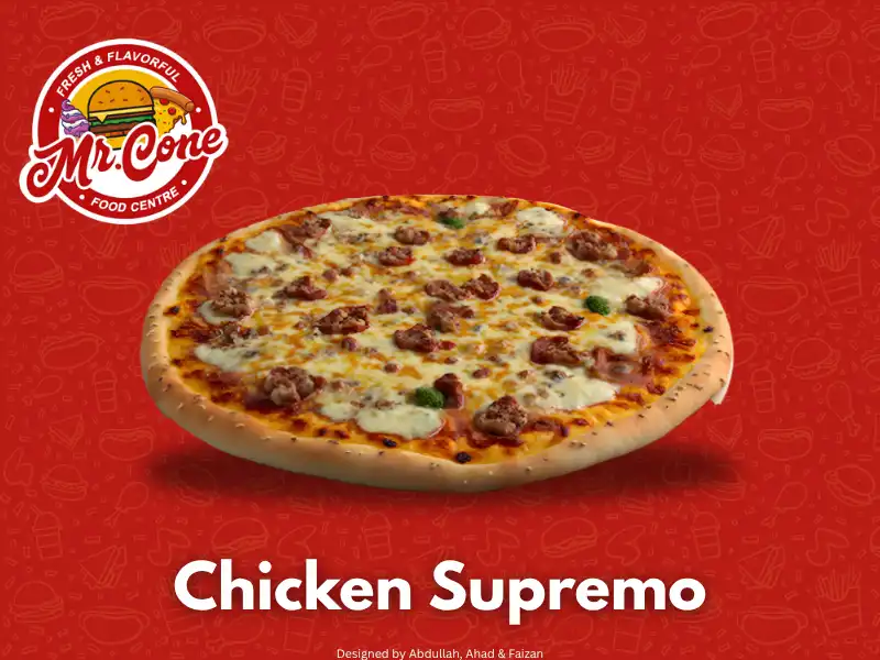 Chicken Supremo special pizza pan, regular, large and extra-large sizes at Mr Cone