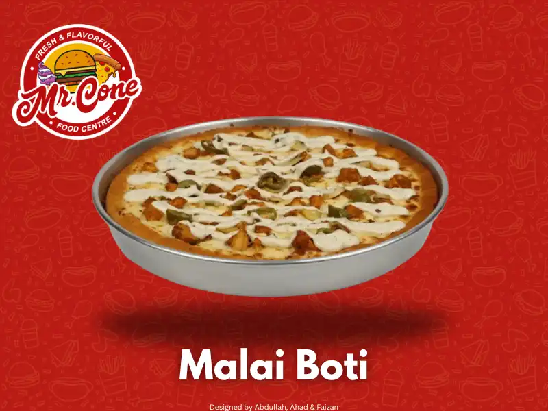 Malai Boti special pizza pan, regular, large and extra-large sizes at Mr Cone